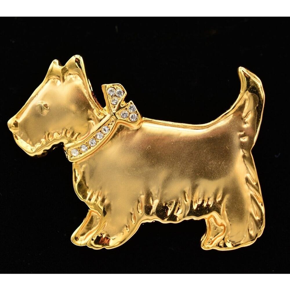 Vintage Scottie Dog Pin Brooch Brushed Gold Crystal Terrier Pup NOS 1980s BinA9